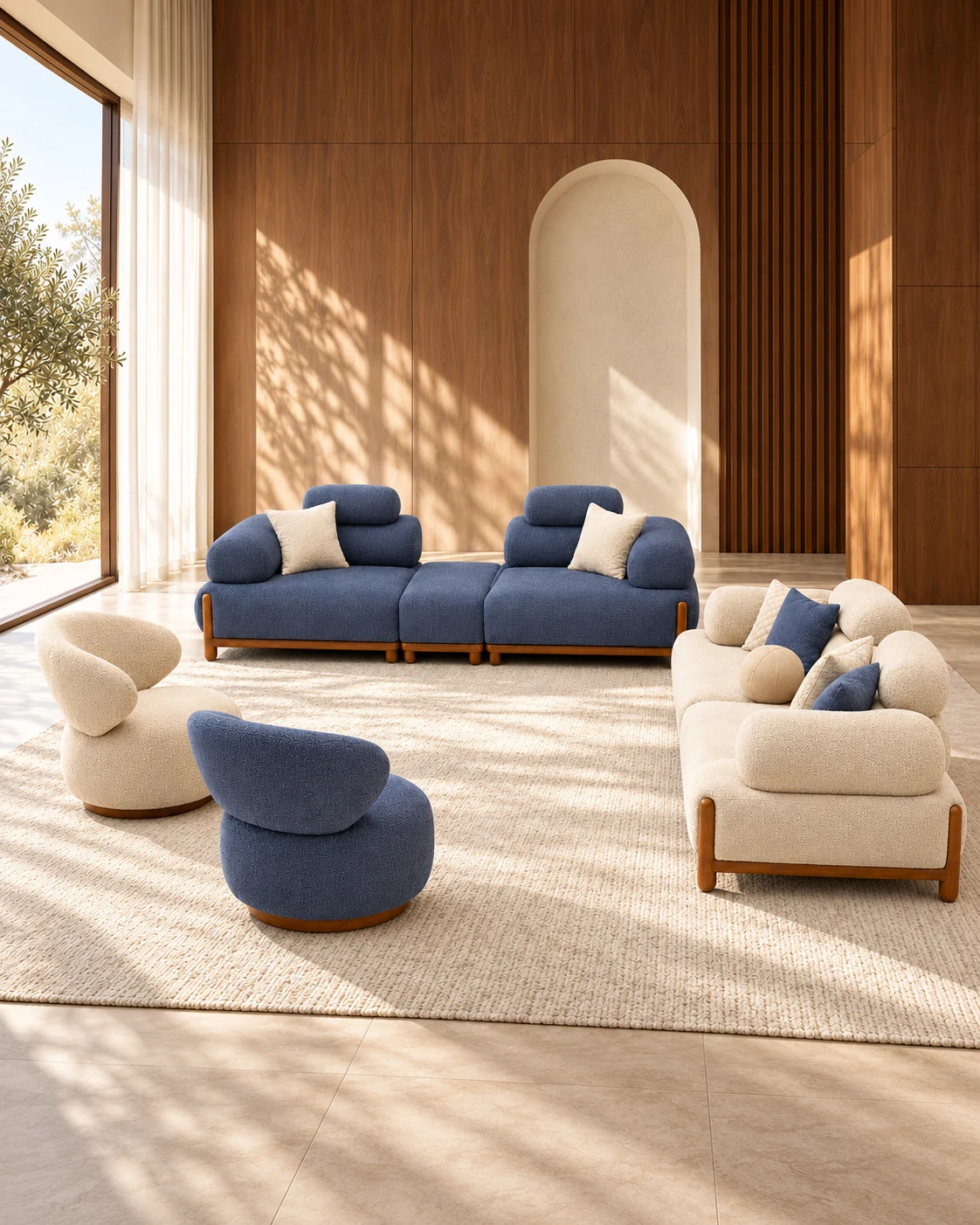 El Eraky blue and cream seating in a sunlit room with walnut walls